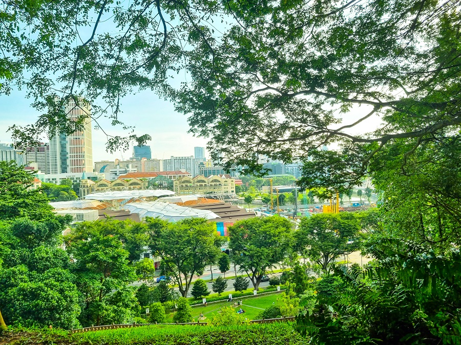 Từ đỉnh đồi Fort Canning, bạn có thể ngắm trung tâm thành phố Singapore
