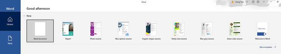 MS Word cung cấp template cho người dùng ngay bước tạo file mới