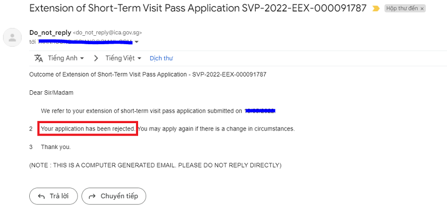 Email thông báo kết quả gia hạn short-term visa của mình